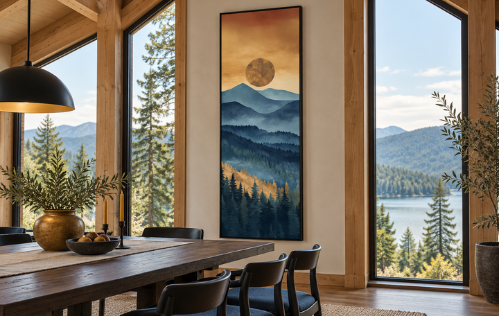 Tall narrow vertical canvas wall art featuring a mountain sunset in a rustic dining room.