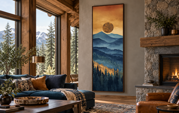 Tall narrow vertical canvas wall art of a mountain sunset in a rustic living room with a fireplace.