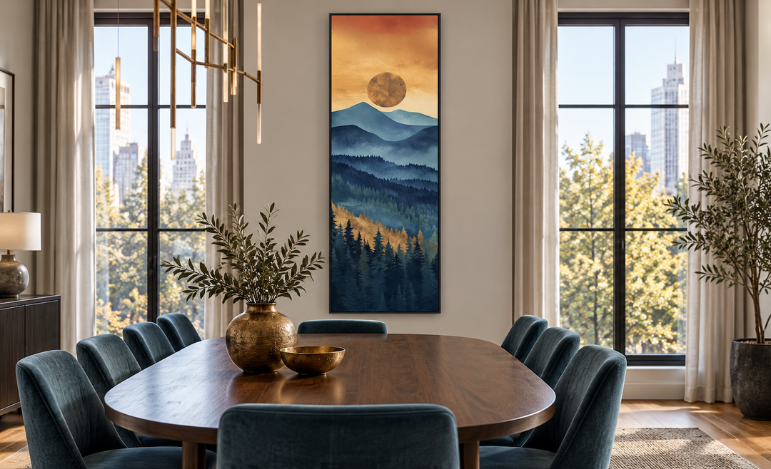 Tall narrow vertical canvas wall art of a mountain sunset in a modern dining room setting.