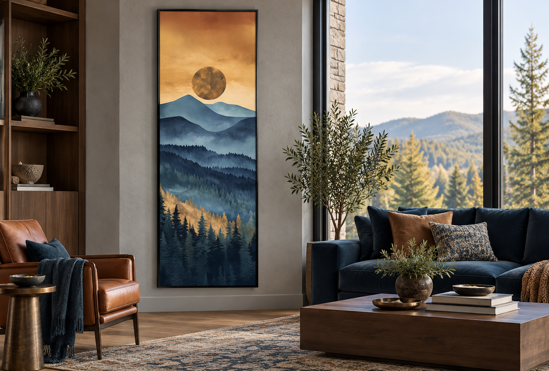 Tall narrow vertical canvas wall art of a mountain sunset in a modern living room.