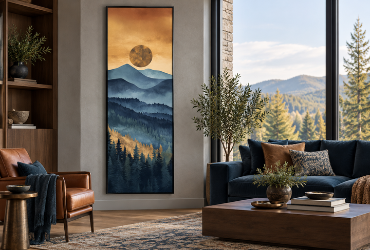 Tall narrow vertical canvas wall art of a mountain sunset in a modern living room.
