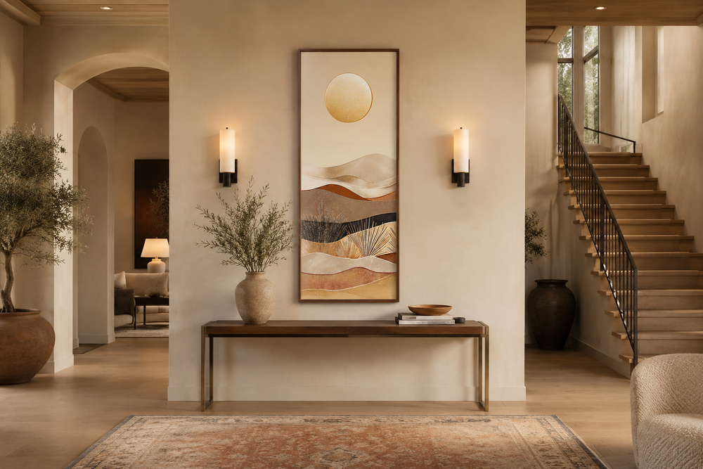 Tall narrow vertical canvas art of a desert sun and hills in earthy tones above a console table.