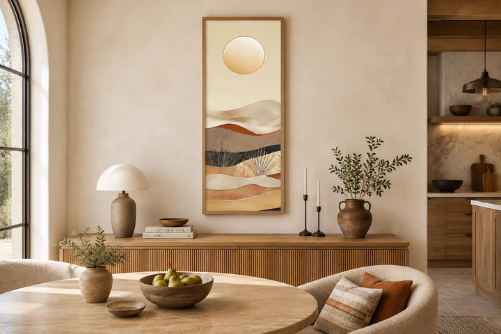 Tall narrow boho canvas art with an abstract sun and desert hills in earthy neutral tones.
