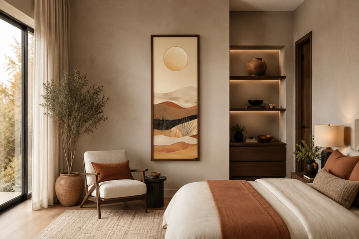 Tall narrow vertical canvas art of a desert sun and dunes in earthy tones on a neutral bedroom wall.