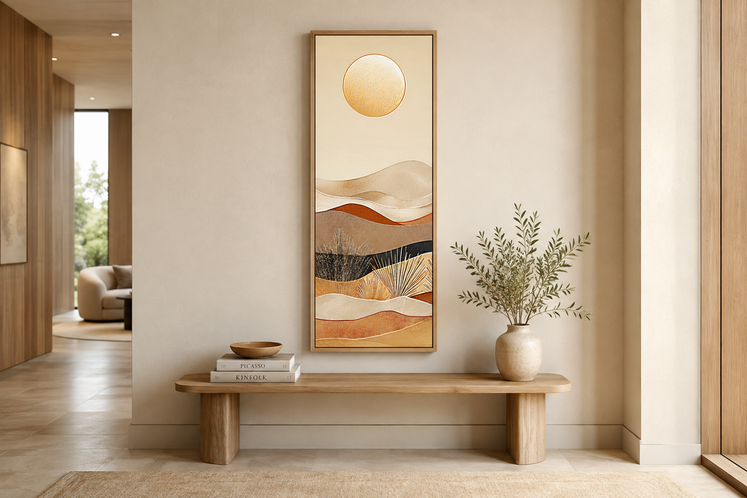 Tall narrow vertical canvas art featuring an abstract sun and desert hills in earthy boho tones.