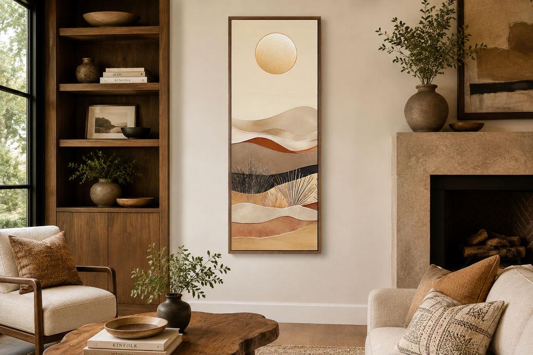 Tall narrow boho canvas art featuring a sun over abstract desert hills in earthy neutral tones.
