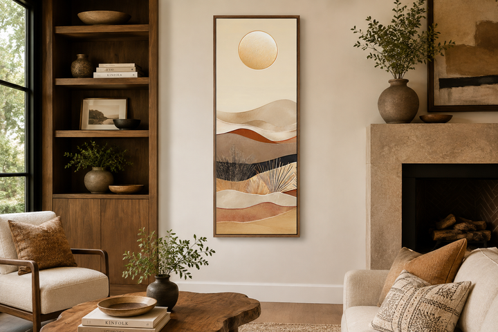 Tall narrow boho canvas art featuring a sun over abstract desert hills in earthy neutral tones.