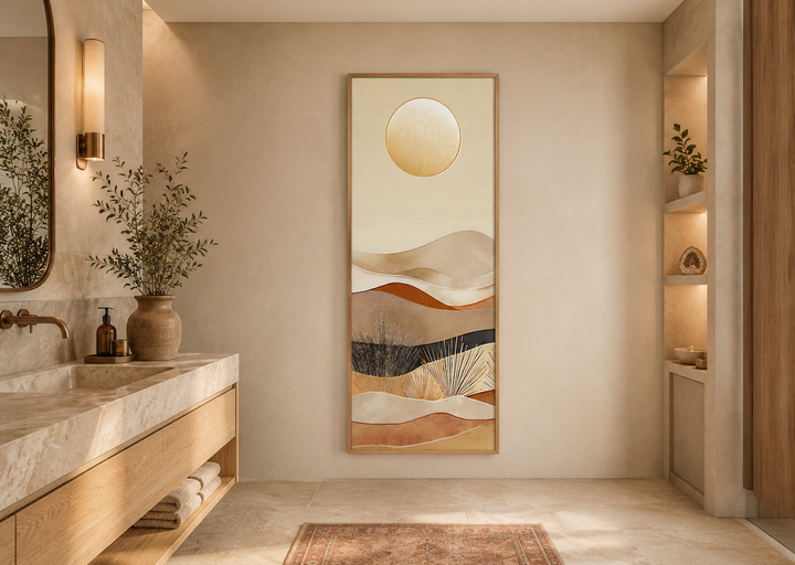 Tall narrow boho canvas art featuring an abstract sun and desert hills in earthy neutral tones.