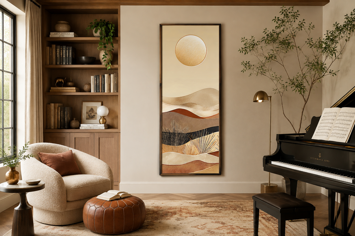 Tall narrow vertical canvas art of a boho desert landscape with a sun over stylized hills.