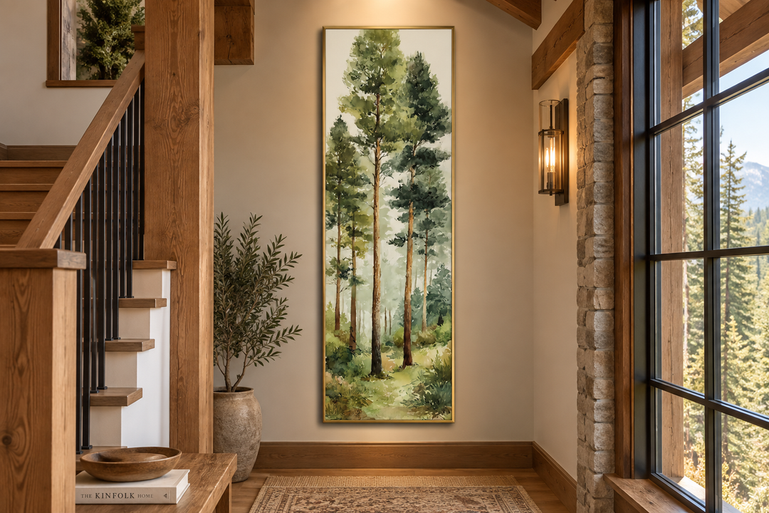 Tall narrow watercolor pine forest vertical canvas wall art in a rustic hallway setting.