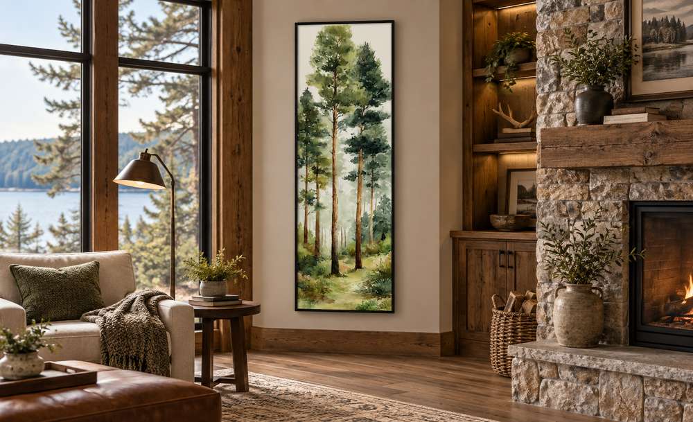 Tall narrow vertical canvas wall art featuring a watercolor pine forest in a rustic living room.