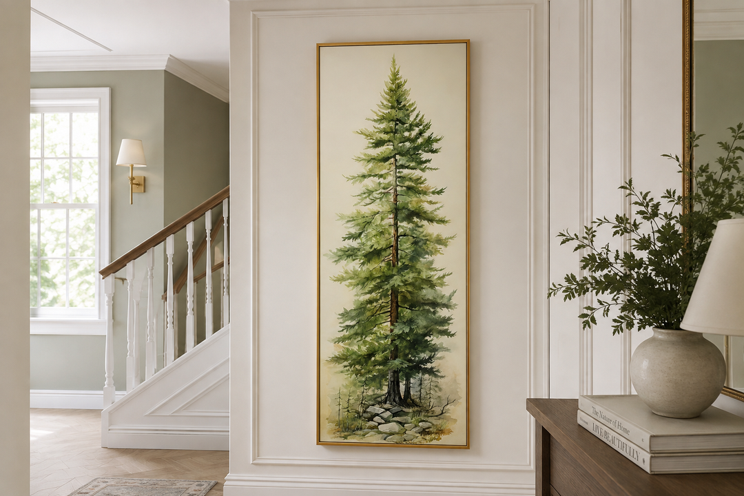 Tall narrow vertical framed canvas wall art featuring a watercolor pine tree in a gold frame.