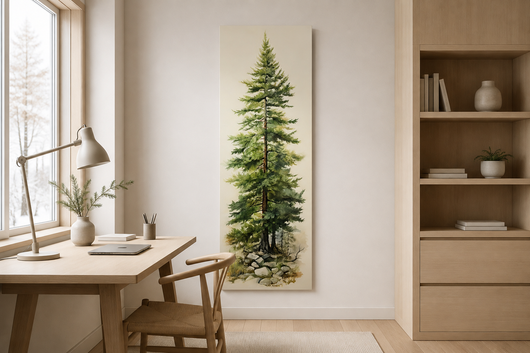 Tall narrow vertical framed canvas wall art featuring a watercolor pine tree in a minimalist room.