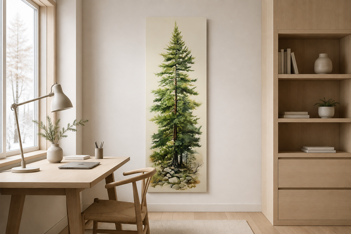Tall narrow vertical framed canvas wall art featuring a watercolor pine tree in a minimalist room.