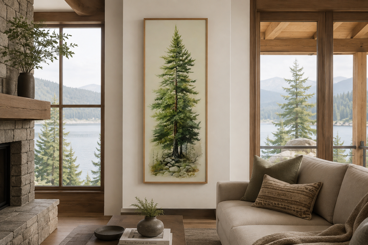 Tall narrow pine tree vertical framed canvas wall art in a rustic living room setting.