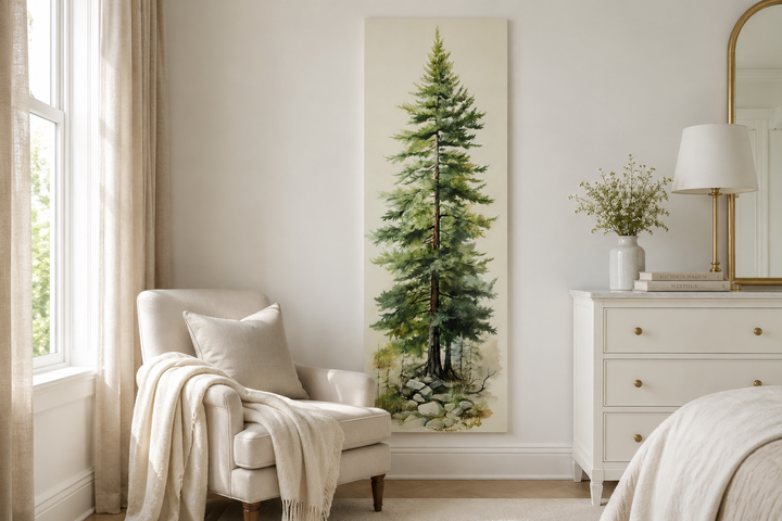 Tall narrow vertical framed canvas wall art featuring a watercolor pine tree in a neutral room.