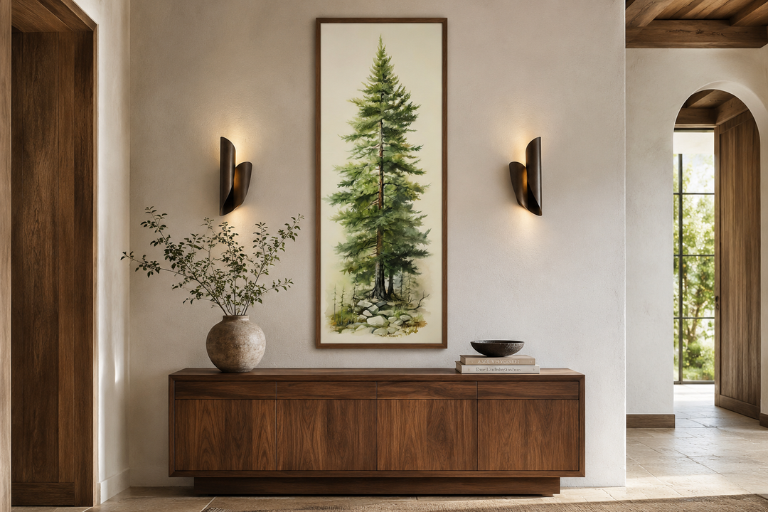 Tall narrow vertical framed canvas wall art featuring a watercolor pine tree above a wood console.