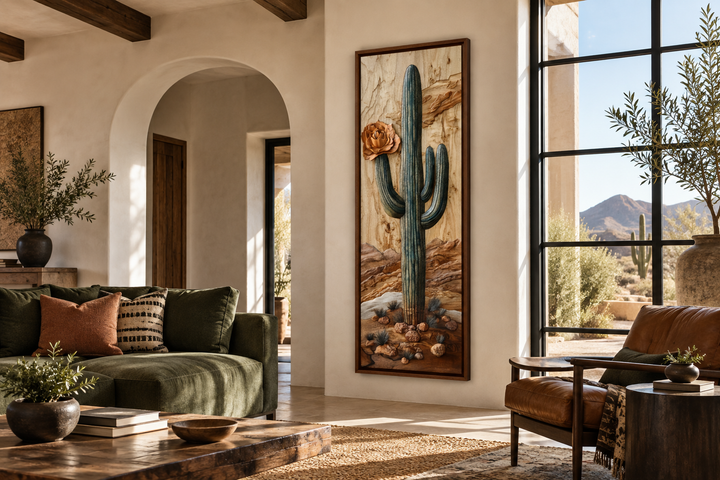 Tall narrow vertical framed canvas wall art featuring a saguaro cactus in a desert landscape.