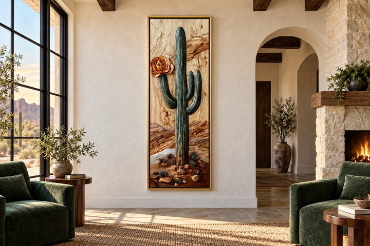 Tall narrow vertical framed canvas wall art featuring a saguaro cactus in a southwestern room.
