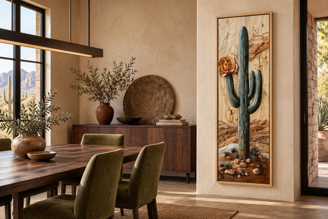 Tall narrow vertical framed canvas wall art featuring a saguaro cactus in a southwestern room.