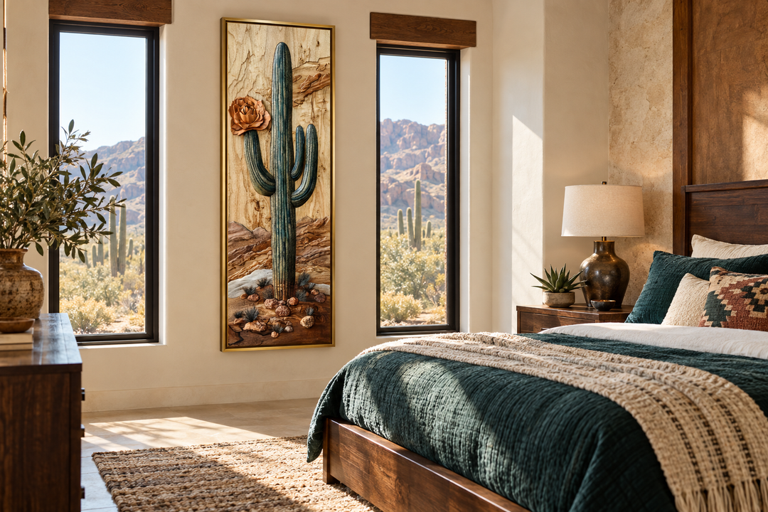 Tall narrow vertical framed canvas wall art featuring a saguaro cactus in a southwestern bedroom.