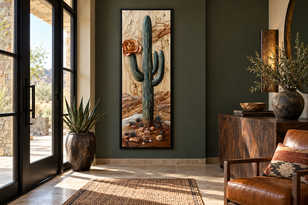 Tall narrow vertical framed canvas wall art featuring a saguaro cactus in a southwestern style.