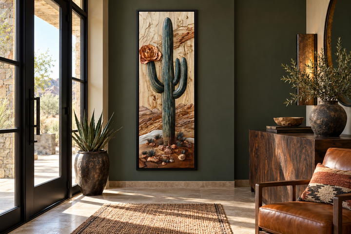 Tall narrow vertical framed canvas wall art featuring a saguaro cactus in a southwestern style.