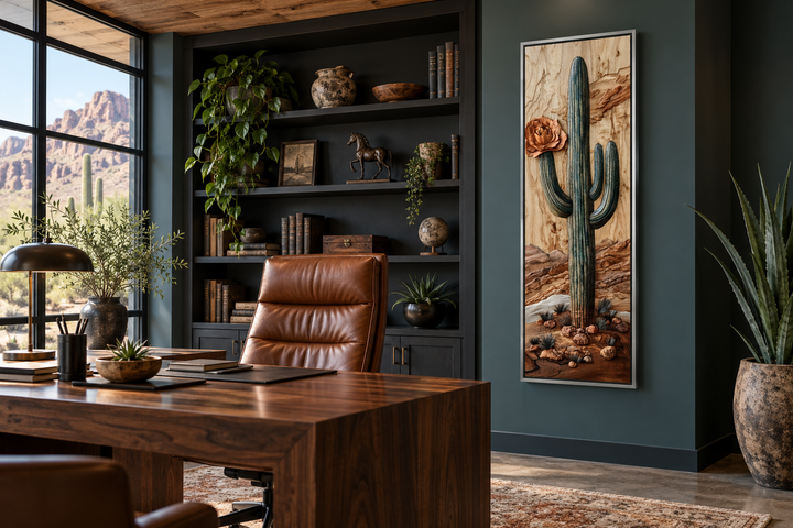 Tall narrow saguaro cactus vertical framed canvas wall art in a modern southwestern office.