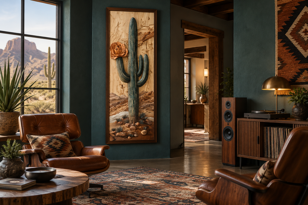 Tall narrow vertical framed canvas wall art featuring a saguaro cactus in a desert landscape.
