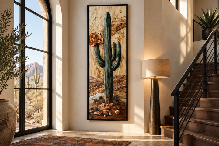 Tall narrow saguaro cactus vertical framed canvas wall art in a southwestern desert style.