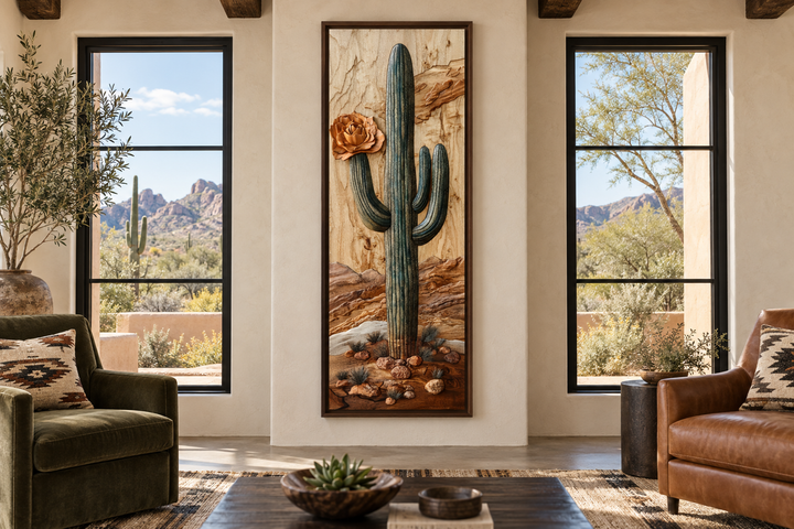 Tall narrow saguaro cactus vertical framed canvas wall art in a southwestern living room.