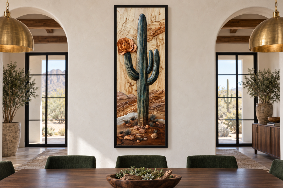 Vertical framed canvas wall art of a tall saguaro cactus in a southwestern desert landscape.