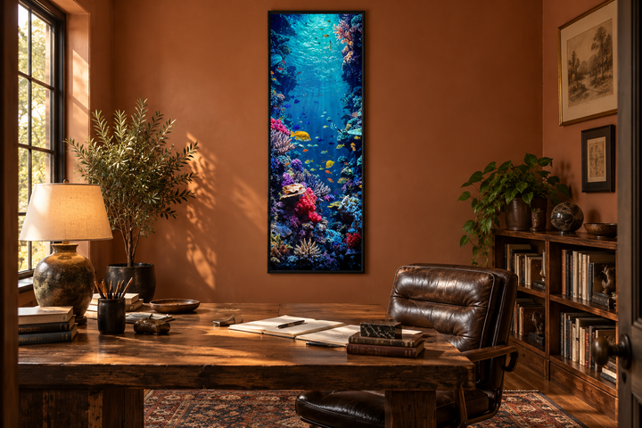 Tall narrow vertical framed canvas wall art of a vibrant underwater coral reef with tropical fish.