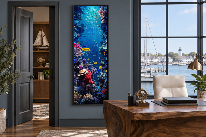 Tall narrow vertical framed canvas wall art of a colorful underwater coral reef with tropical fish.