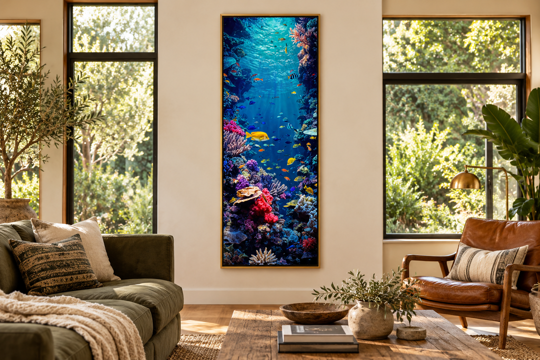 Tall narrow vertical framed canvas wall art of a vibrant underwater coral reef with tropical fish.