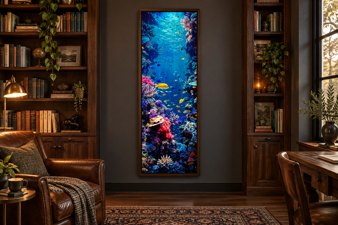 Tall narrow vertical framed canvas wall art of a vibrant underwater coral reef with tropical fish.
