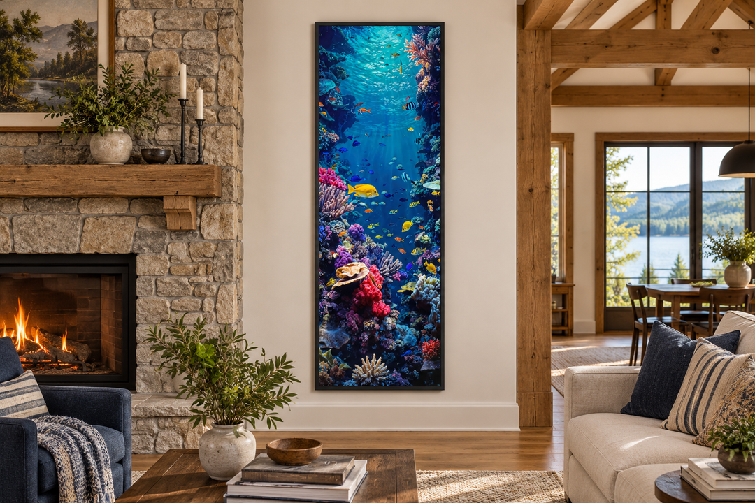 Tall narrow vertical framed canvas wall art of a vibrant underwater coral reef with tropical fish.
