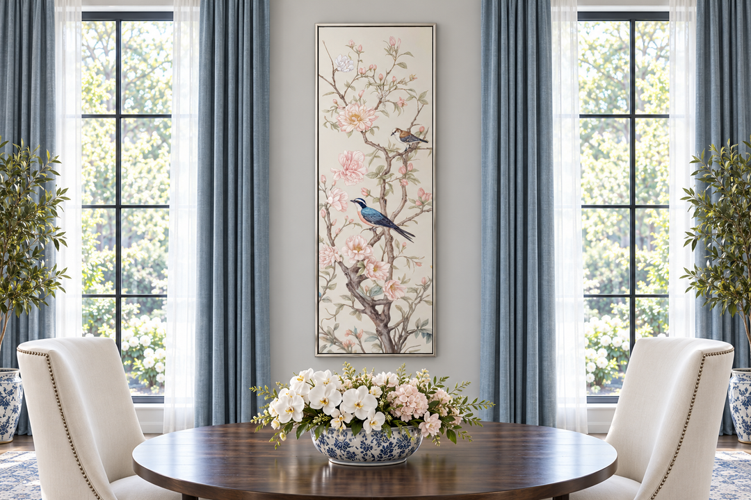 Tall narrow vertical Chinoiserie canvas print featuring birds on flowering branches above a table.