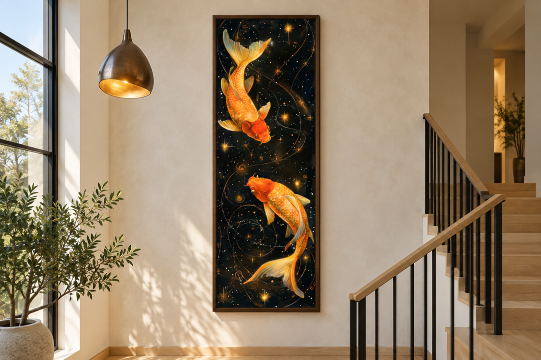 Tall narrow vertical framed canvas wall art featuring two golden koi fish on a black background.