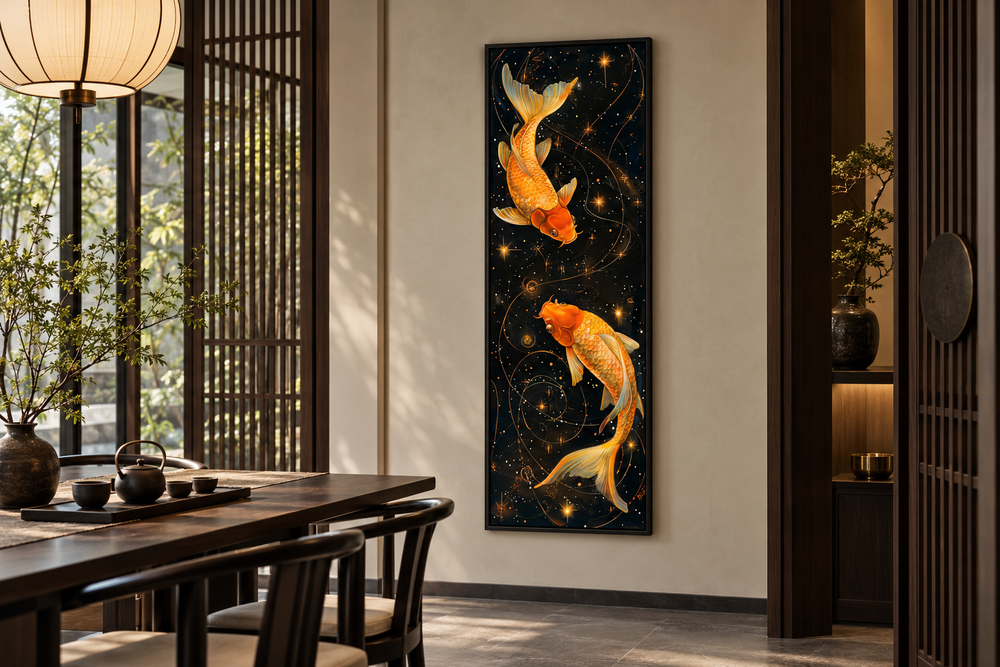 Tall narrow vertical framed canvas wall art featuring two golden koi fish on a black background.