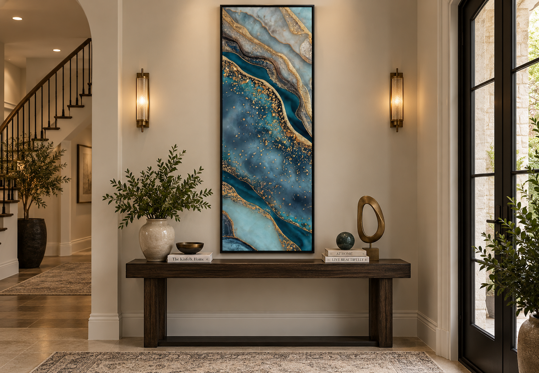 Tall narrow vertical abstract canvas print with teal, blue, and gold marble-inspired patterns.