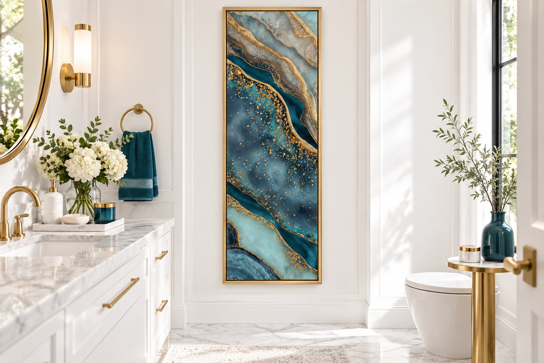 Tall narrow vertical abstract canvas print with teal, blue, and gold marble-inspired flowing bands.