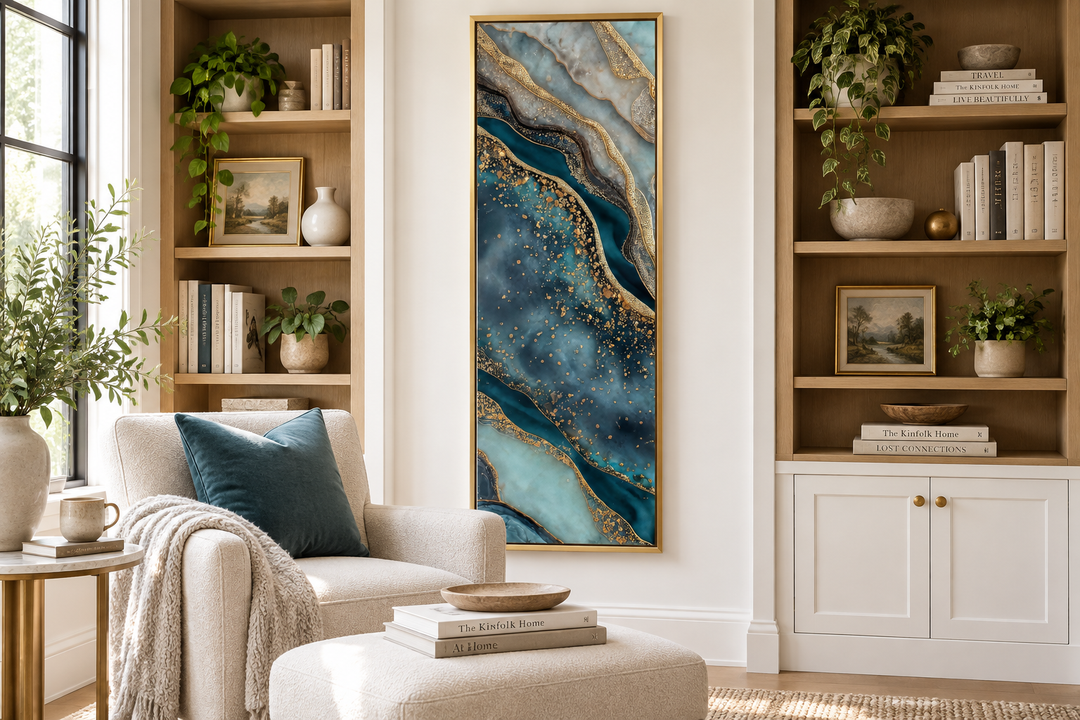 Tall narrow vertical abstract canvas print with teal, blue, and gold marble-inspired flowing bands.