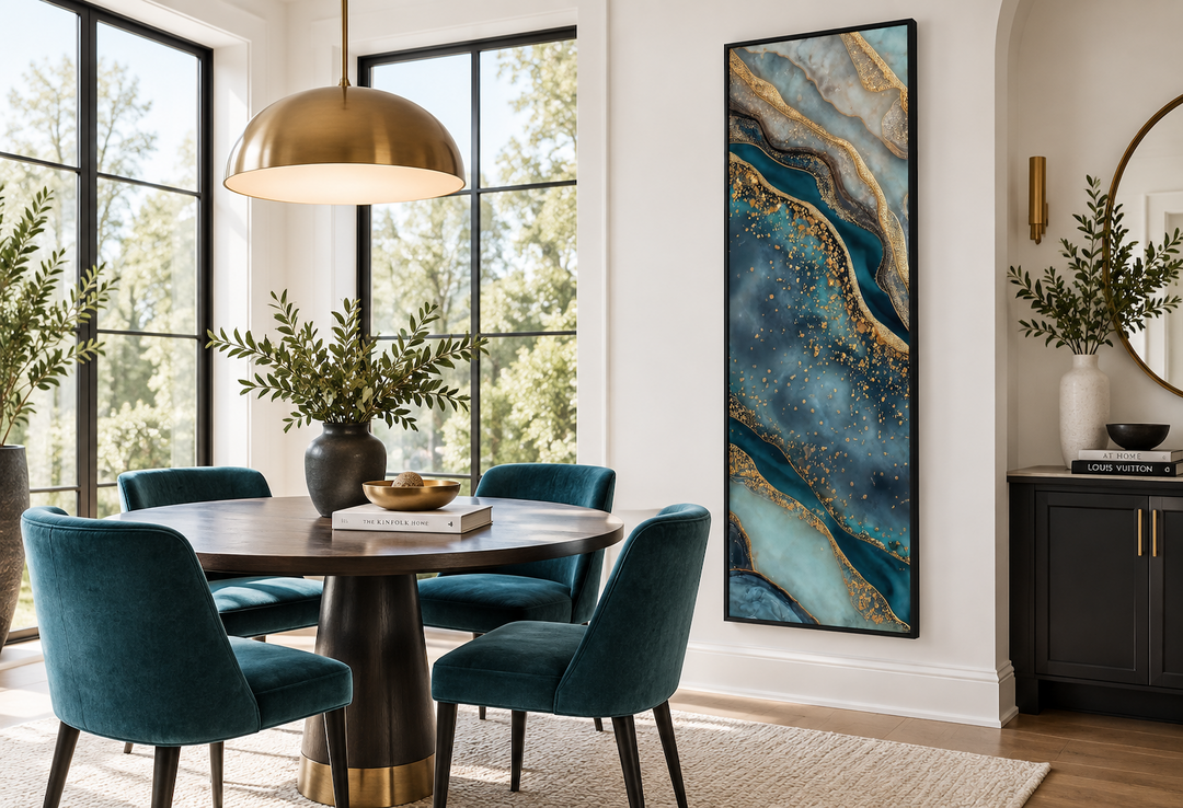Tall narrow vertical abstract canvas print with teal blue marble patterns and gold accents.