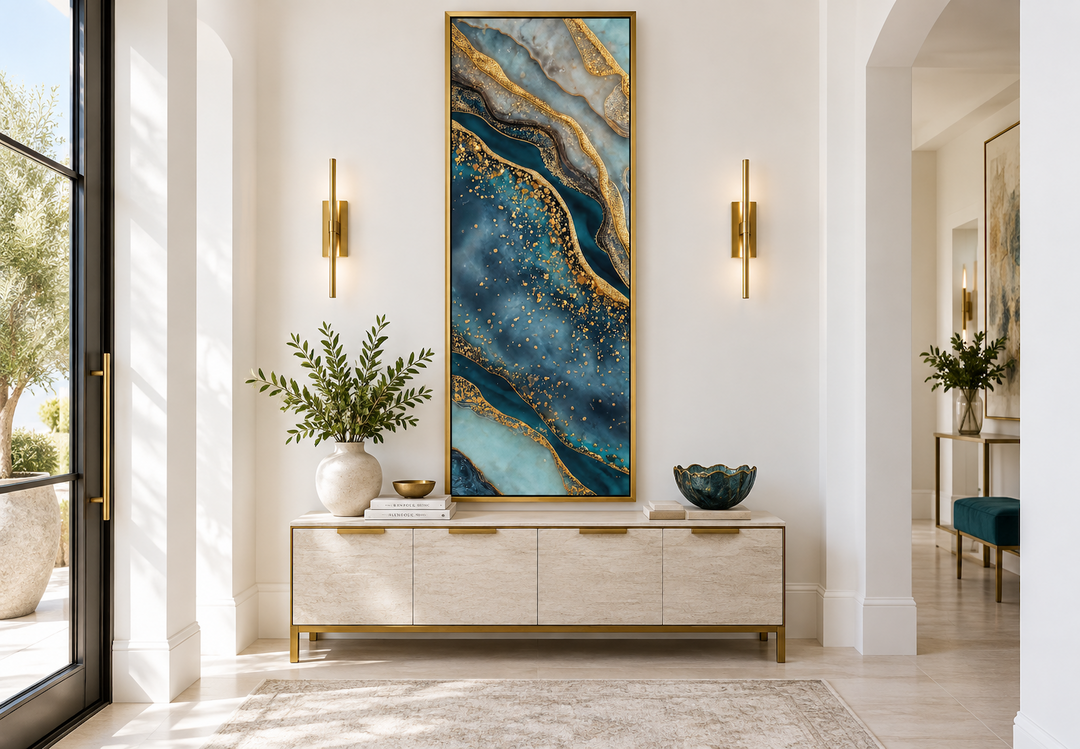Tall narrow vertical abstract canvas print with teal, blue, and gold marble-inspired patterns.