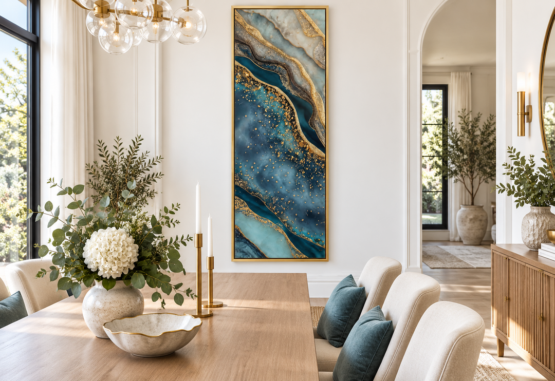 Tall narrow vertical abstract canvas print with teal, blue, and gold marble-inspired flowing bands.