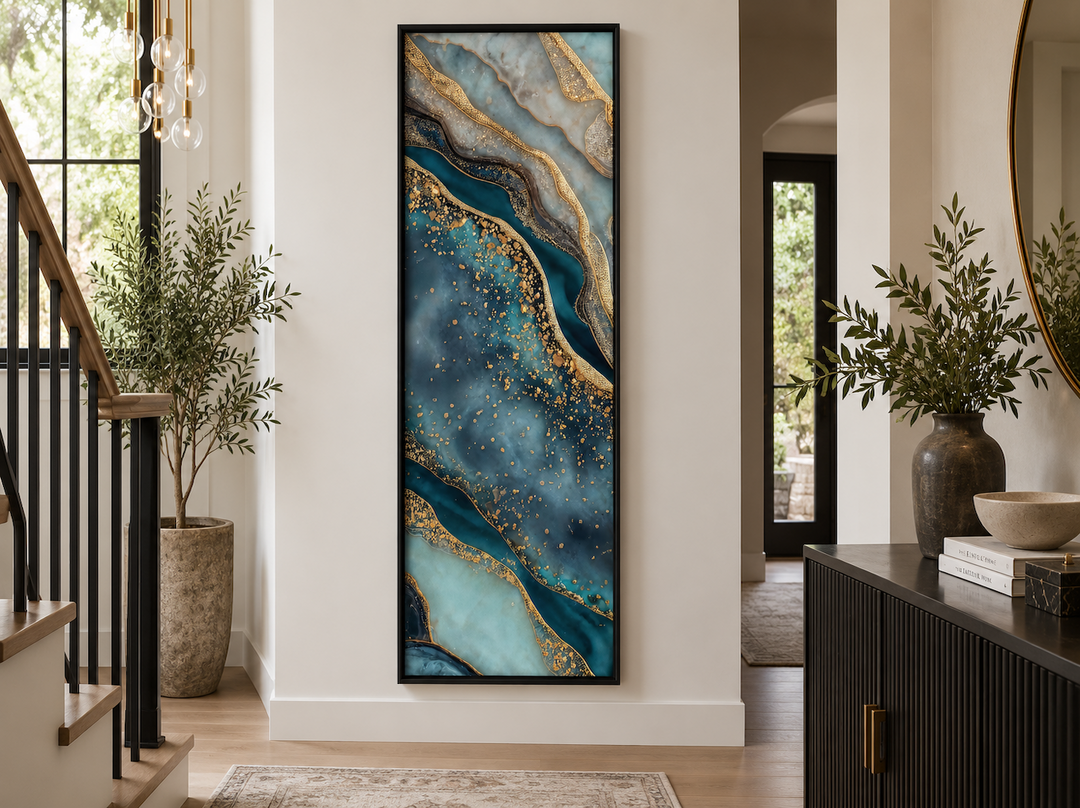 Tall narrow vertical abstract canvas print with teal, blue, and gold marble-inspired flowing bands.