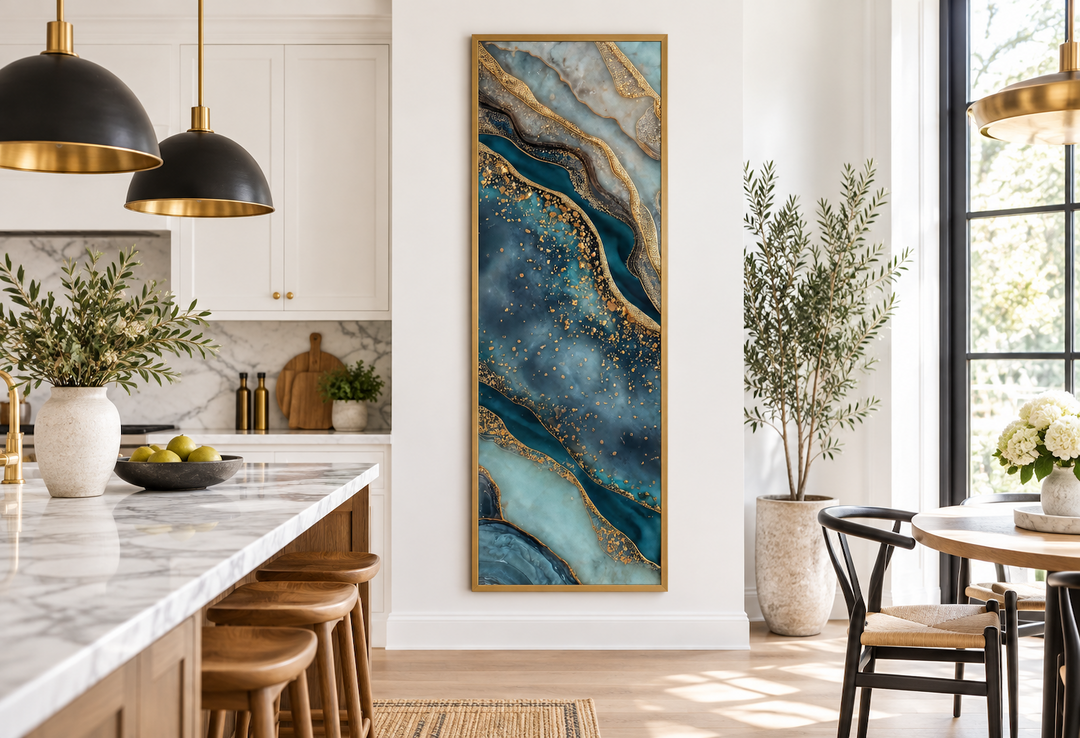 Tall narrow vertical canvas print with abstract teal, blue, and gold marble-inspired patterns.
