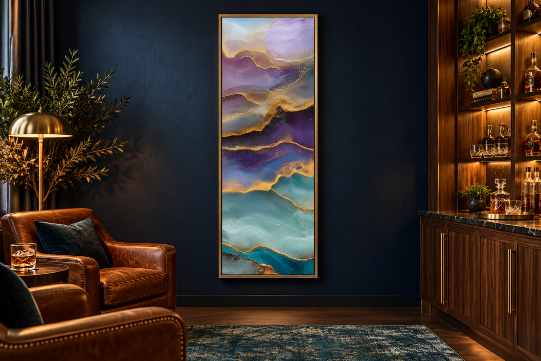 Tall narrow vertical abstract canvas art with teal, purple, and gold marble patterns on a dark wall.