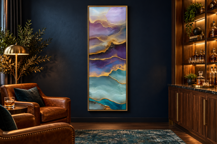 Tall narrow vertical abstract canvas art with teal, purple, and gold marble patterns on a dark wall.